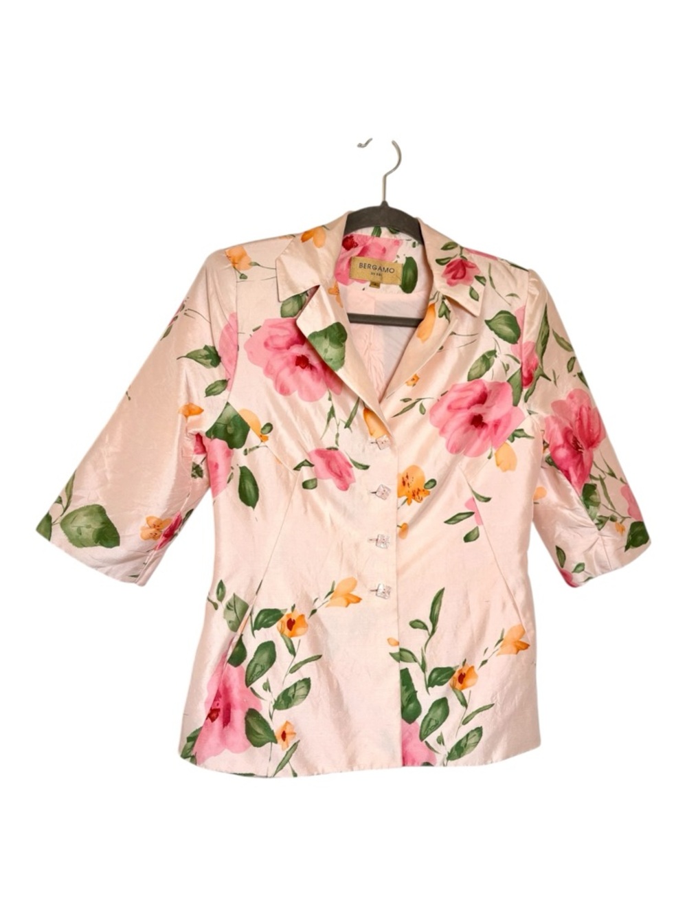 Bergamo Pink Floral 100% Silk Blouse Jacket Romantic Y2K Size 6 - Picture 2 of 9